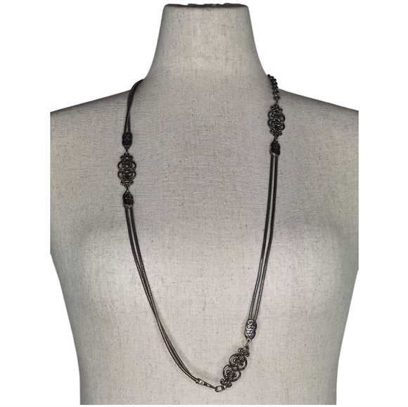 Brighton Vintage Scrollwork Necklace Heavy Chain Gunmetal Silver Contempo Style - Picture 2 of 8
